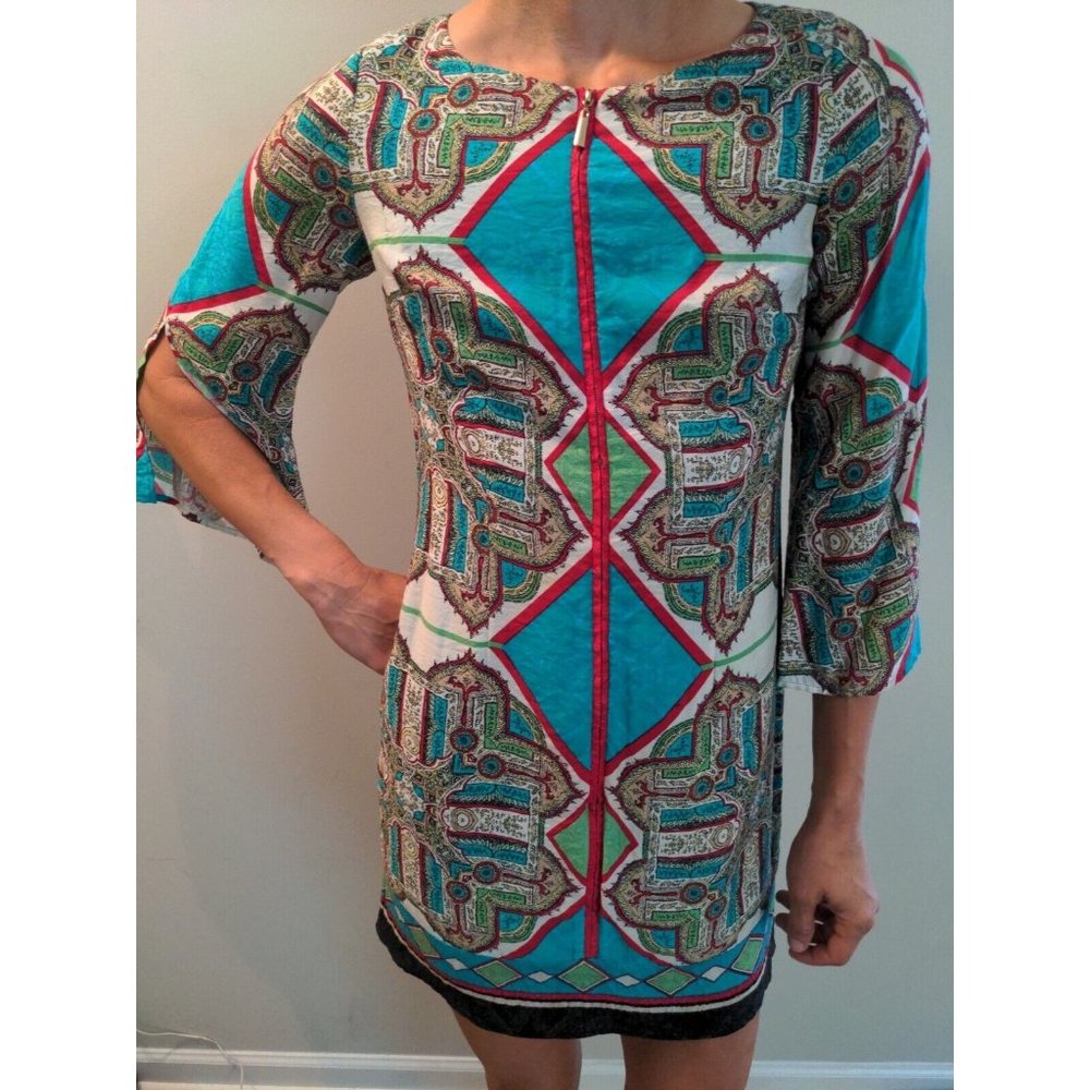Laundry Shelli Segal Short Tunic Dress Blue Zip Up 3/4 Bell Sleeves Size 0